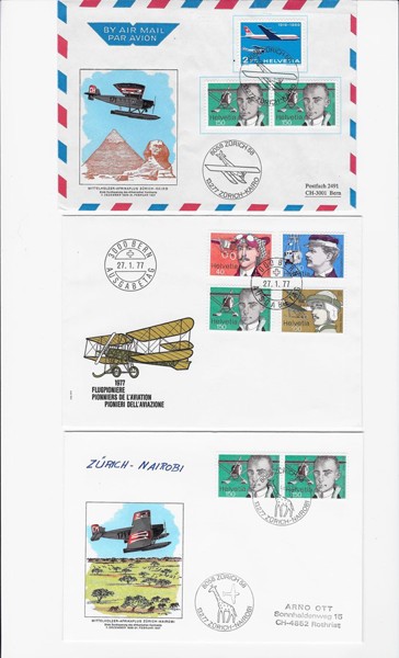 Bild von Flupioniere Ersttagsbrief, Luftpostbrief Zürich Nairobi und Zürich - Kairo zum Gedenken an die Afrikaflüge von Mittelholzer, 3er Set