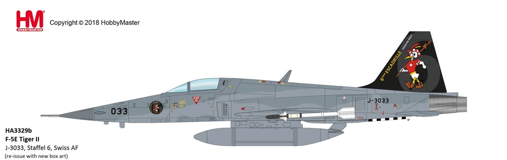 Picture of Neuauflage Tiger F-5E Staffel 6, J-3033. Anlässlich des 100-jährigen Jubiläums produzieren wir nochmals eine Serie dieser Modelle. GANZ EXKLUSIV ERHALTEN SIE ZU JEDEM MODELL DEN JUBILÄUMSAUFNÄHER DER STAFFEL 6 GRATIS DAZU. Hobbymaster Metallmodell 1:72 HA3329B. LIEFERBAR MAI 2025.